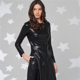 Fit And Flare Winter Dress a Line Pockets Pu Leather Midi Dress