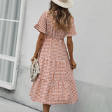Vintage Plaid Slim Ruffles High Waist Midi Sundress