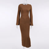 Solid knitted open back flared long sleeve maxi dress