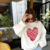 Heart Pattern Embroidery Women Knitted Jumper Round Neck Long Sleeve Loose Sweater
