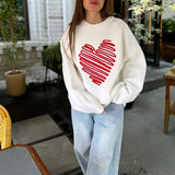Heart Pattern Embroidery Women Knitted Jumper Round Neck Long Sleeve Loose Sweater