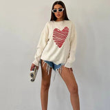 Heart Pattern Embroidery Women Knitted Jumper Round Neck Long Sleeve Loose Sweater