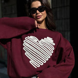 Heart Pattern Embroidery Women Knitted Jumper Round Neck Long Sleeve Loose Sweater