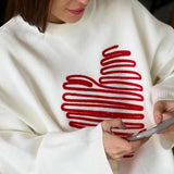 Heart Pattern Embroidery Women Knitted Jumper Round Neck Long Sleeve Loose Sweater