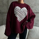 Heart Pattern Embroidery Women Knitted Jumper Round Neck Long Sleeve Loose Sweater