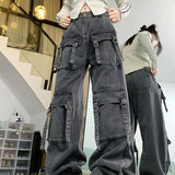 Washed Multi-pocket Cargo Pants Women Dark Grey Personality High Waisted Pants