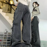 Washed Multi-pocket Cargo Pants Women Dark Grey Personality High Waisted Pants
