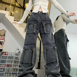 Washed Multi-pocket Cargo Pants Women Dark Grey Personality High Waisted Pants