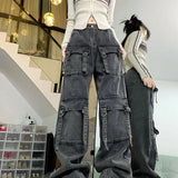 Washed Multi-pocket Cargo Pants Women Dark Grey Personality High Waisted Pants