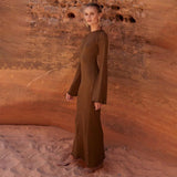 Solid knitted open back flared long sleeve maxi dress