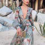 Long Sleeved Ruffles Deep V Neck Long Beach Prom Dresses