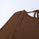 Solid knitted open back flared long sleeve maxi dress