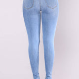 Women's Jeans European and American Stretch Cotton Holes Pencil Feet Pants High Waisted Jeans