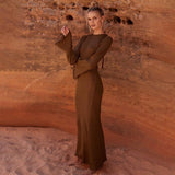 Solid knitted open back flared long sleeve maxi dress