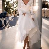 Sexy Slim V Neck White Long Sleeves Evening Party Dresses