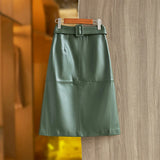 Genuine Leather High-Waist Versatile Mid-Length Skirt Bottom