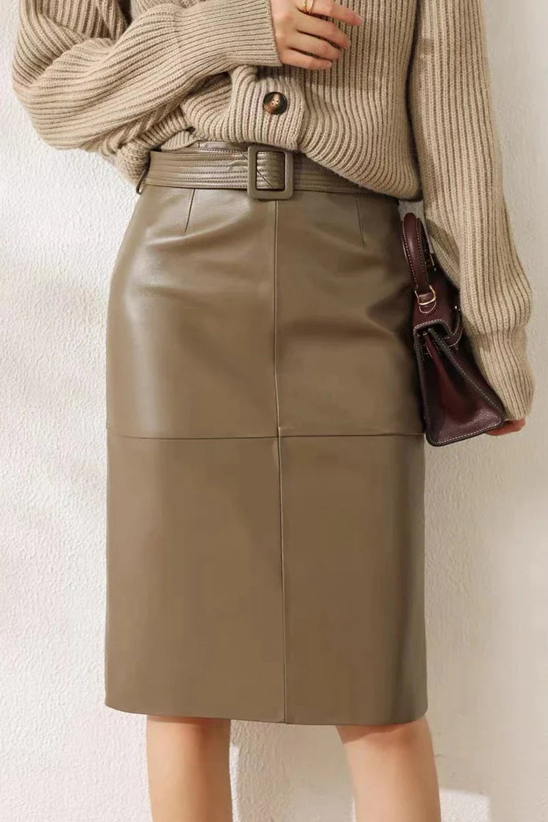 Genuine Leather High-Waist Versatile Mid-Length Skirt Bottom