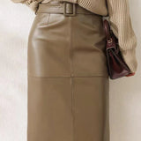 Genuine Leather High-Waist Versatile Mid-Length Skirt Bottom