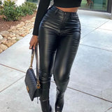 High Waist PU Leather Single Button Pants