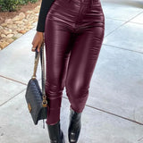 High Waist PU Leather Single Button Pants