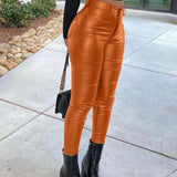 High Waist PU Leather Single Button Pants
