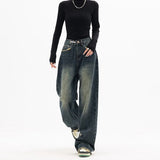 Harajuku Vintage Style Streetwear Loose Fashion Femme Wide Leg Denim Jeans
