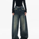 Harajuku Vintage Style Streetwear Loose Fashion Femme Wide Leg Denim Jeans