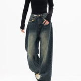 Harajuku Vintage Style Streetwear Loose Fashion Femme Wide Leg Denim Jeans