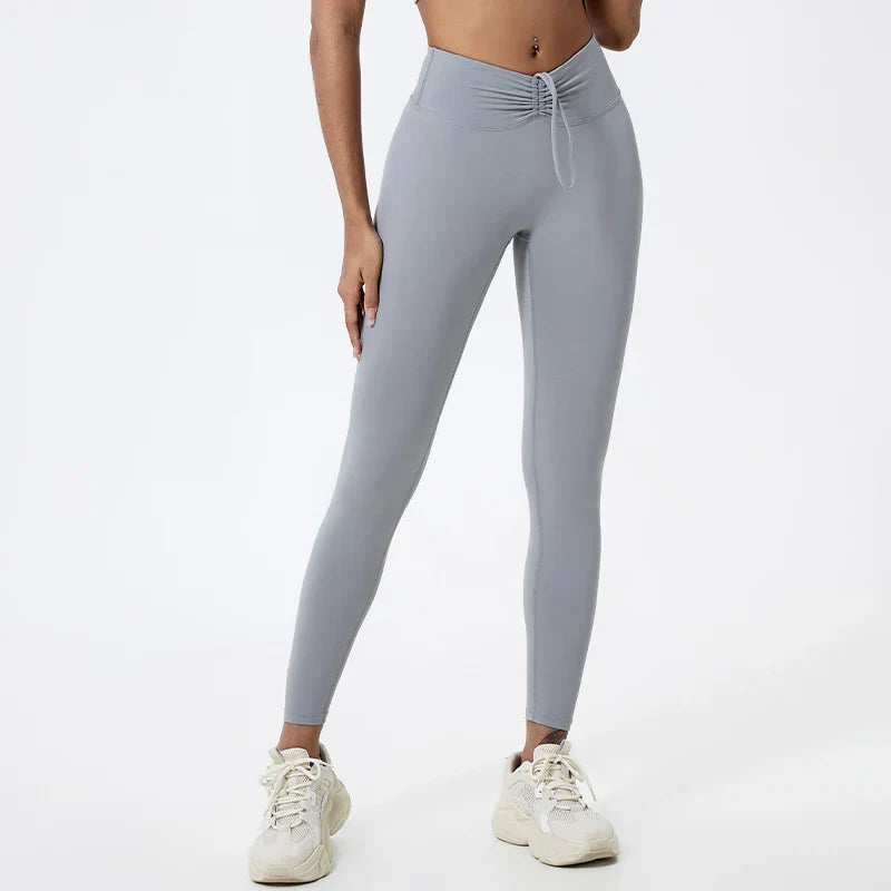 Drawstring High Waist Tights Female Push Up Breathable Train Sports Leggings