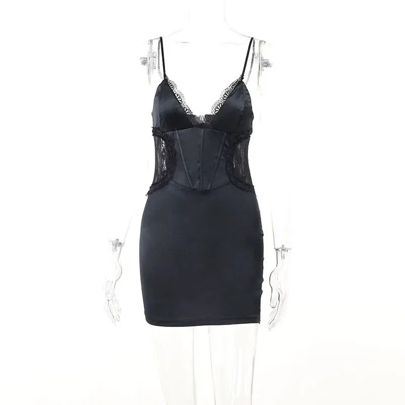 Hollow Out Backless Summer Spaghetti Strap Deep Neck Cut Out Party Short Mini Dress