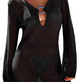 Hollow Out Knitted Beach Sheer Long Sleeve Slim Summer Fashion Holiday Party Mini Dress