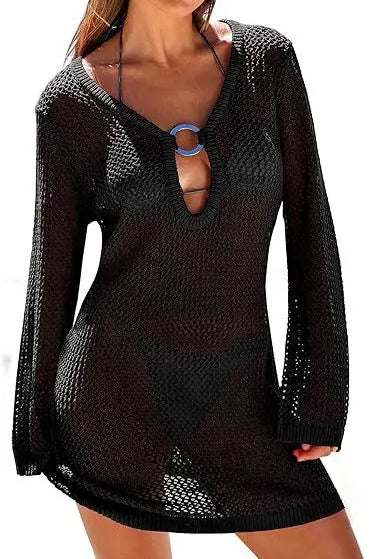 Hollow Out Knitted Beach Sheer Long Sleeve Slim Summer Fashion Holiday Party Mini Dress
