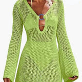Hollow Out Knitted Beach Sheer Long Sleeve Slim Summer Fashion Holiday Party Mini Dress