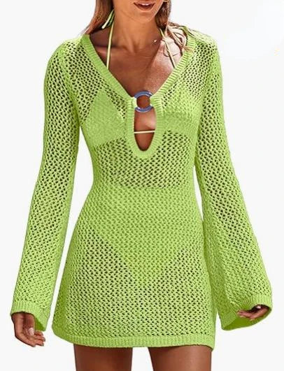 Hollow Out Knitted Beach Sheer Long Sleeve Slim Summer Fashion Holiday Party Mini Dress