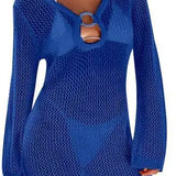Hollow Out Knitted Beach Sheer Long Sleeve Slim Summer Fashion Holiday Party Mini Dress
