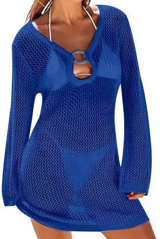 Hollow Out Knitted Beach Sheer Long Sleeve Slim Summer Fashion Holiday Party Mini Dress