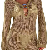 Hollow Out Knitted Beach Sheer Long Sleeve Slim Summer Fashion Holiday Party Mini Dress