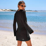 Hollow Out Knitted Beach Sheer Long Sleeve Slim Summer Fashion Holiday Party Mini Dress