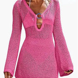 Hollow Out Knitted Beach Sheer Long Sleeve Slim Summer Fashion Holiday Party Mini Dress