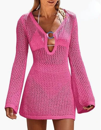 Hollow Out Knitted Beach Sheer Long Sleeve Slim Summer Fashion Holiday Party Mini Dress
