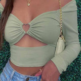 Hollow-Out V-neck Long Sleeve Spring Fall Casual Fashion Square Collar Slim Ribbed Crop Tops