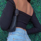 Hollow-Out V-neck Long Sleeve Spring Fall Casual Fashion Square Collar Slim Ribbed Crop Tops