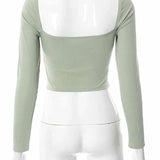 Hollow-Out V-neck Long Sleeve Spring Fall Casual Fashion Square Collar Slim Ribbed Crop Tops