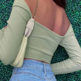 Hollow-Out V-neck Long Sleeve Spring Fall Casual Fashion Square Collar Slim Ribbed Crop Tops