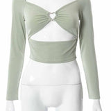 Hollow-Out V-neck Long Sleeve Spring Fall Casual Fashion Square Collar Slim Ribbed Crop Tops