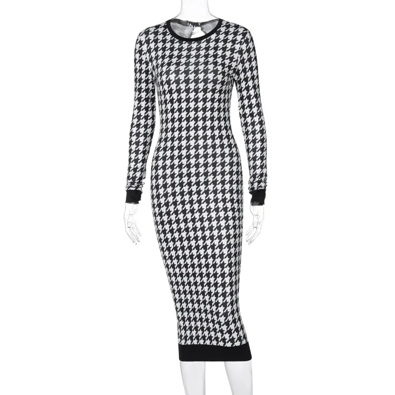 Houndstooth Print Women Long Sleeve Hollow Out Bodycon Streetwear 2025 Autumn Winter Club Elegant Slim Midi Dress