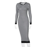 Houndstooth Print Women Long Sleeve Hollow Out Bodycon Streetwear 2025 Autumn Winter Club Elegant Slim Midi Dress