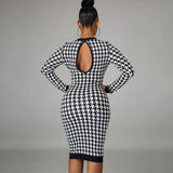 Houndstooth Print Women Long Sleeve Hollow Out Bodycon Streetwear 2025 Autumn Winter Club Elegant Slim Midi Dress