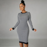 Houndstooth Print Women Long Sleeve Hollow Out Bodycon Streetwear 2025 Autumn Winter Club Elegant Slim Midi Dress