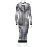 Houndstooth Print Women Long Sleeve Hollow Out Bodycon Streetwear 2025 Autumn Winter Club Elegant Slim Midi Dress